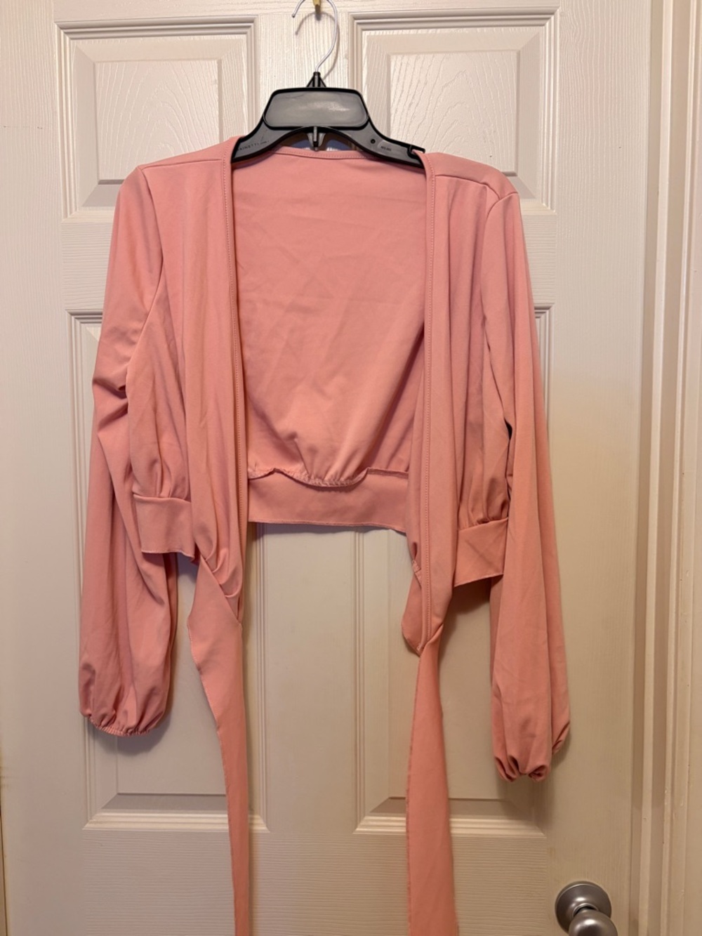 SHEIN Blush Pink Knit Tie-Front Cropped Wrap Shirt